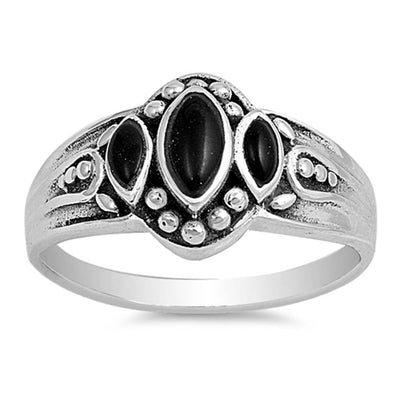 Sterling Silver Antique Style Three Marquise Cut Black Stone Fancy Band Ring with Face Height of 11MMAnd Band Width: 2MM