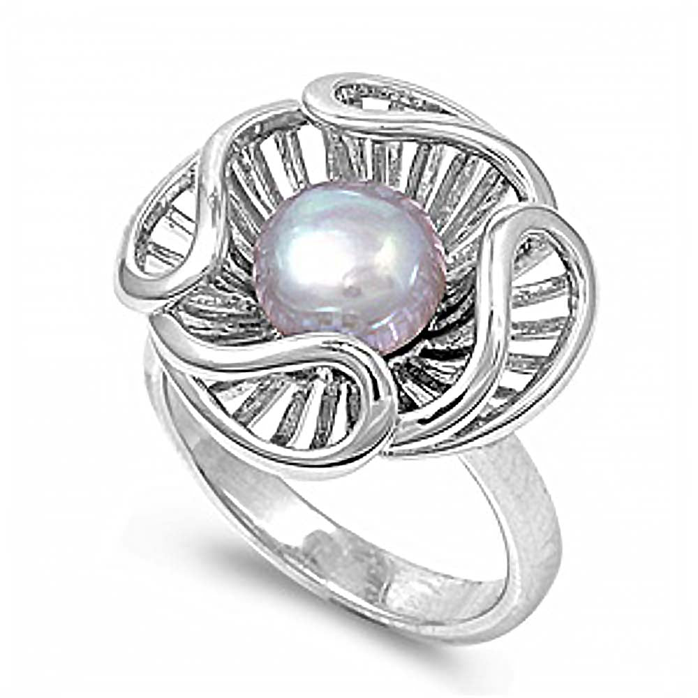 Sterling Silver Genuine Fresh Water Pearl Cubic Zirconia Stone RingAnd Face Height 13mmAnd Band Width 5mm