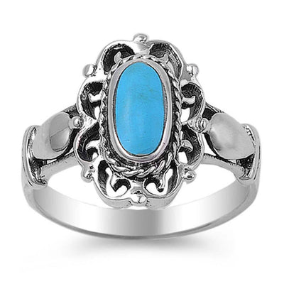 Sterling Silver Elegant Design with Centered Oval Cut Turquoise Stone Fancy Band RingAnd Face Height of 16MMAnd Band Width: 3MM