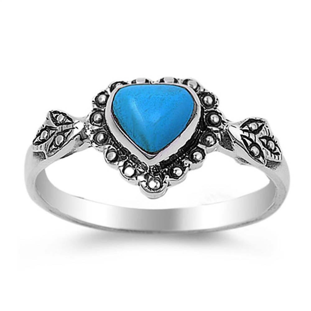 Sterling Silver Fancy Heart Turquoise Stone with Leaves Design RingAnd Face Height of 10MMAnd Band Width: 2MM