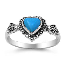 Load image into Gallery viewer, Sterling Silver Fancy Heart Turquoise Stone with Leaves Design RingAnd Face Height of 10MMAnd Band Width: 2MM