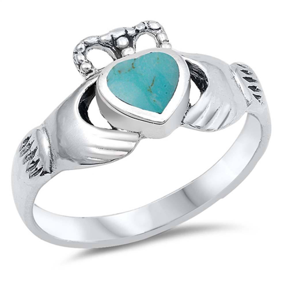 Sterling Silver Fancy Turquoise Claddagh Ring with Face Height of 10MMAnd Band Width: 2MM
