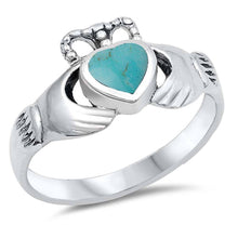 Load image into Gallery viewer, Sterling Silver Fancy Turquoise Claddagh Ring with Face Height of 10MMAnd Band Width: 2MM
