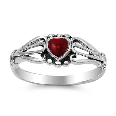 Sterling Silver Red Heart Fancy Split Band Ring with Face Height of 7MMAnd Band Width: 2MM