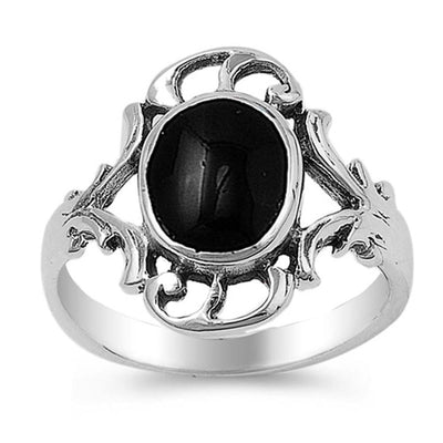 Sterling Silver Antique Style Centered Oval Cut Black Stone Fancy Split Band Ring with Face Height of 16MMAnd Band Width: 2MM