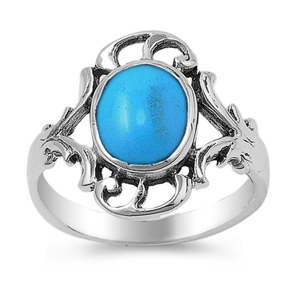 Sterling Silver Antique Style Centered Oval Cut Turquoise Stone Fancy Split Band Ring with Face Height of 16MMAnd Band Width: 3MM