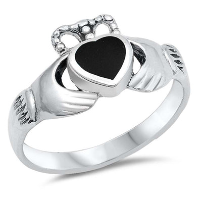 Sterling Silver Fancy Black Stone Claddagh Ring with Face Height of 10MMAnd Band Width: 2MM