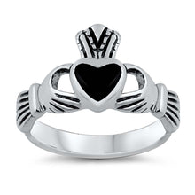 Load image into Gallery viewer, Sterling Silver Black Onyx Cubic Zirconia Claddagh Stone RingAnd Face Height 11mmAnd Band Width 2mm
