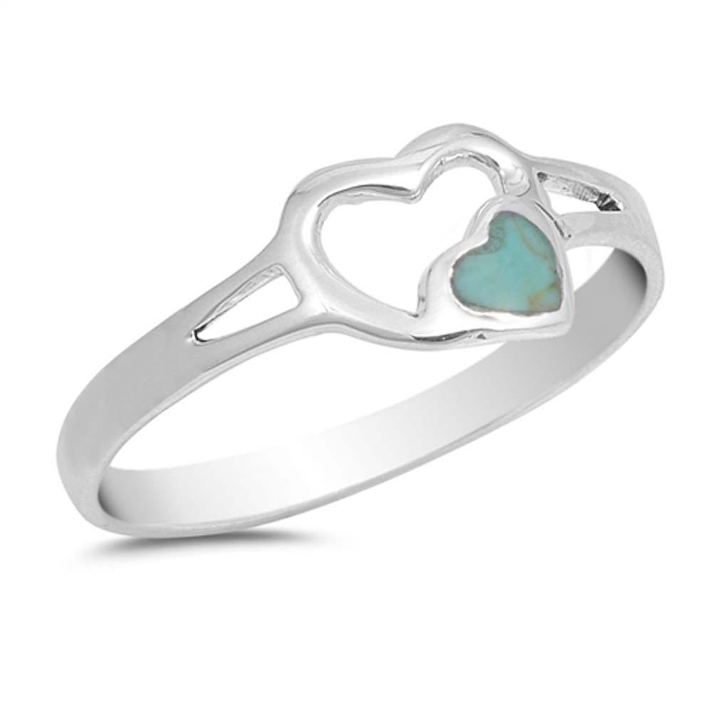 Sterling Silver Fancy Open Heart with Heart Shaped Turquoise Stone Split Band RingAnd Face Height of 8MMAnd Band Width: 2MM