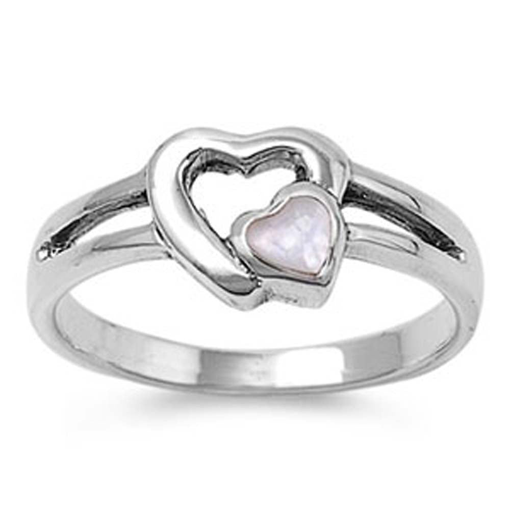 Sterling Silver Fancy Open Heart with Heart Shaped Mother of Pearl Split Band RingAnd Face Height of 8MMAnd Band Width: 2MM