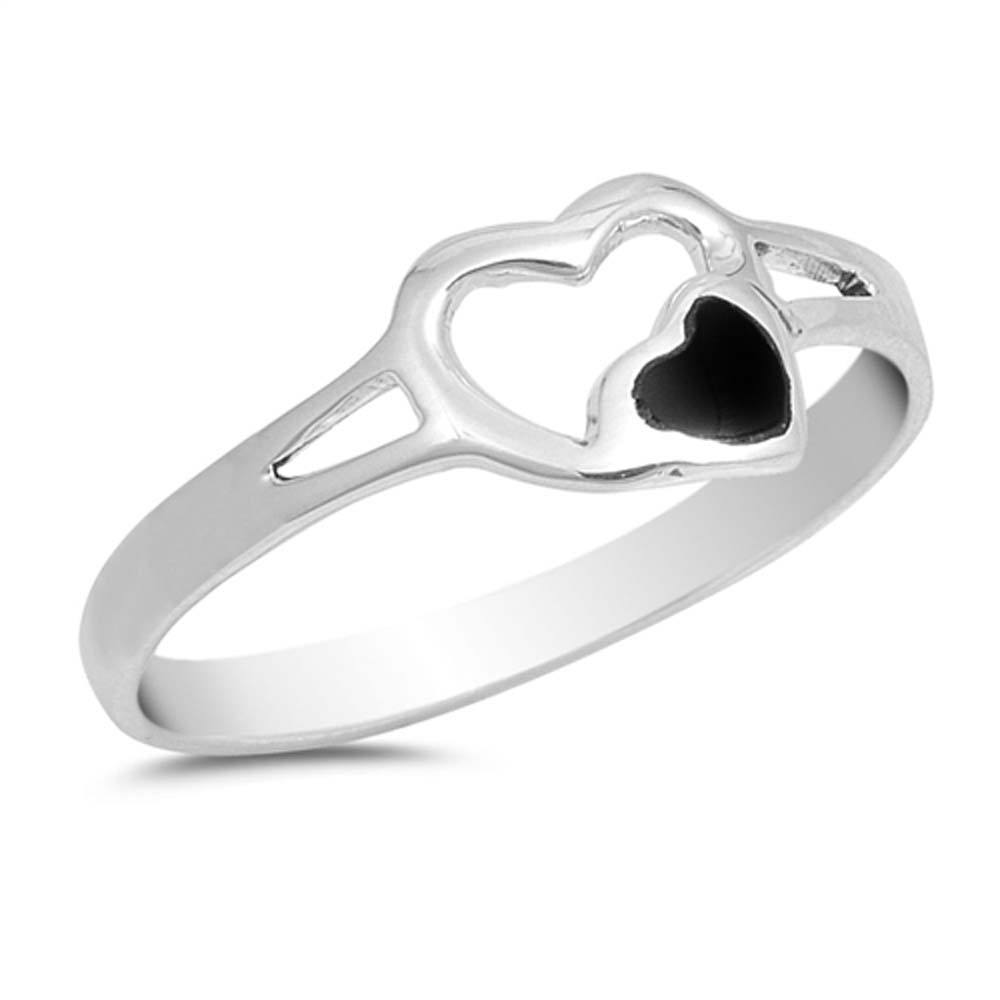 Sterling Silver Fancy Open Heart with Heart Shaped Black Stone Split Band RingAnd Face Height of 8MMAnd Band Width: 2MM