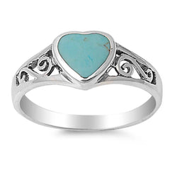 Sterling Silver Trendy Heart Turquoise Stone with Spiral Design Band RingAnd Face Height of 8MM
