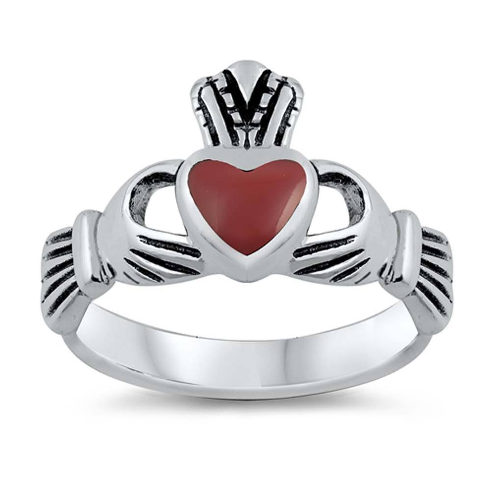 Sterling Silver Fancy Red Claddagh Ring with Face Height of 11MMAnd Band Width: 3MM