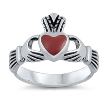 Load image into Gallery viewer, Sterling Silver Fancy Red Claddagh Ring with Face Height of 11MMAnd Band Width: 3MM