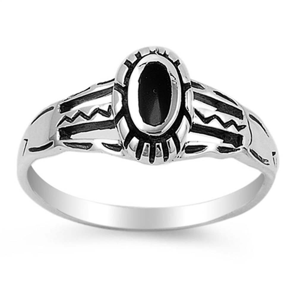 Sterling Silver Oval Black Stone with Tribal Pattern Design Split Band RingAnd Face Height of 9MMAnd Band Width: 2MM