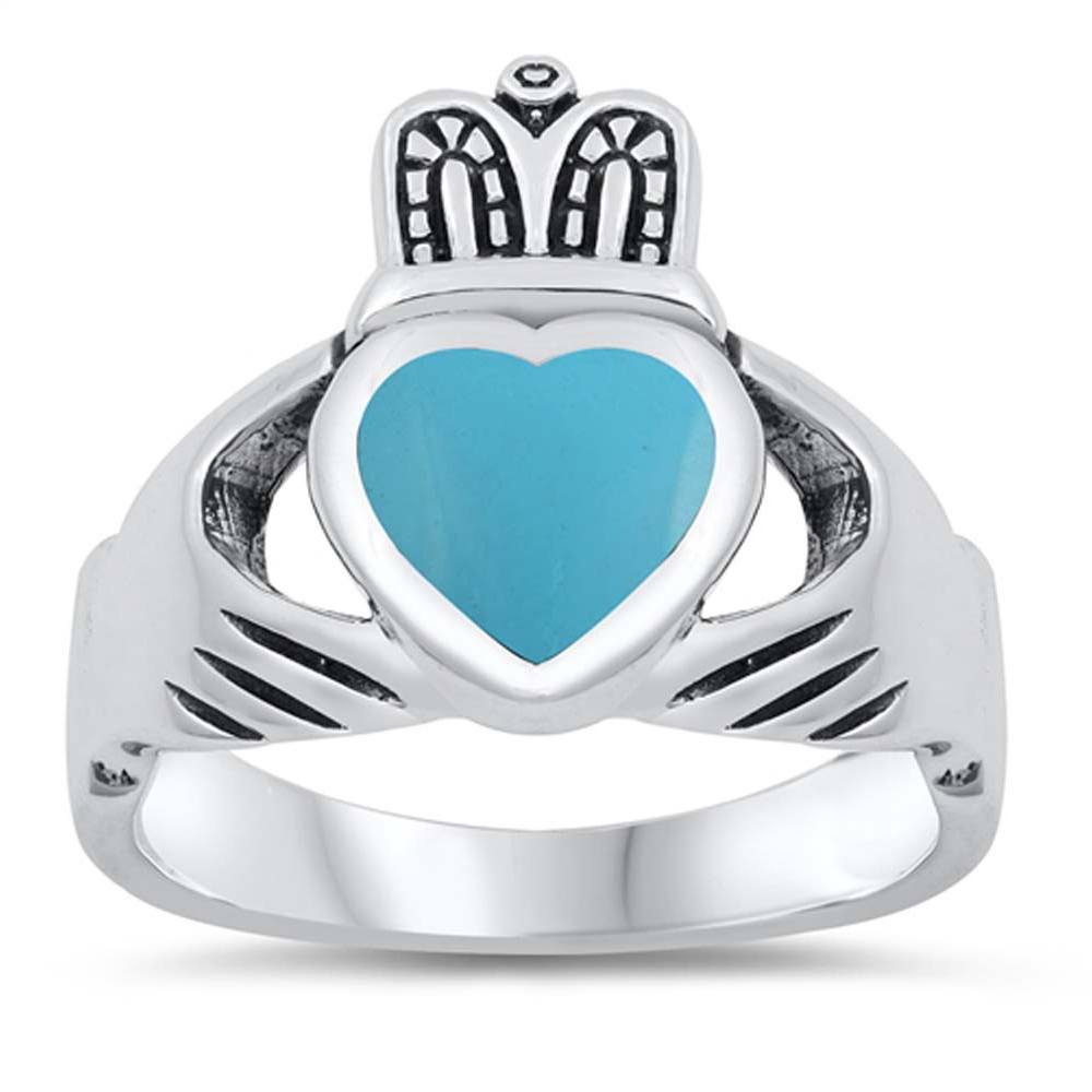 Sterling Silver With Turquoise Cubic Zirconia Calddagh Stone RingAnd Face Height 18mmAnd Band Width 3mm