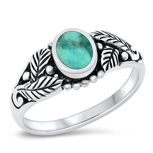 Sterling Silver Leaf And Oval Genuine Turquoise Stone Ring