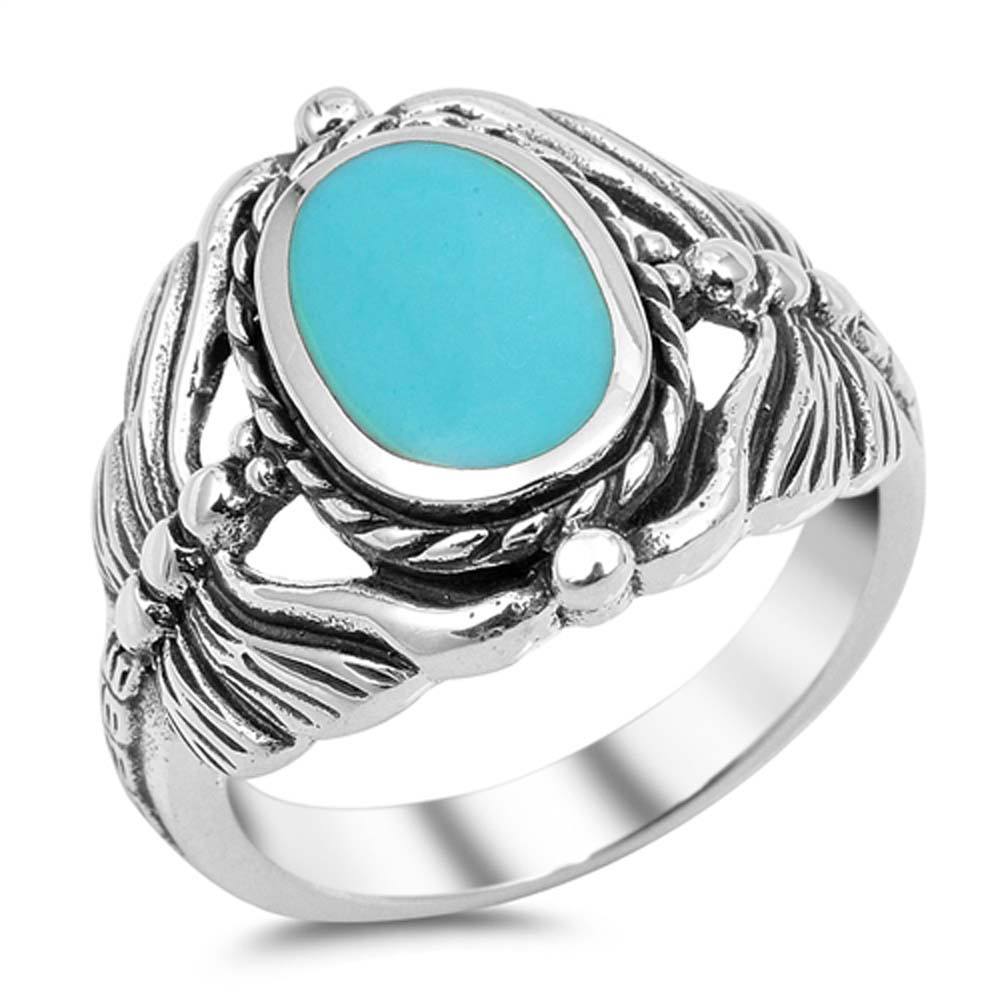Sterling Silver Fancy Dragonfly and Rope Halo Ring with a Genuine Natural Oval TurquoiseAnd Ring Face Height of 18MM