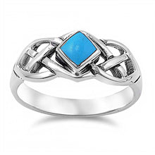 Load image into Gallery viewer, Sterling Silver Diamond Shaped Turquoise Stone with Celtic Knot Design RingAnd Face Height of 8MMAnd Band Width: 2MM