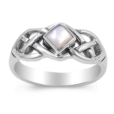 Sterling Silver Diamond Shaped Mother of Pearl with Celtic Knot Design RingAnd Face Height of 8MMAnd Band Width: 2MM