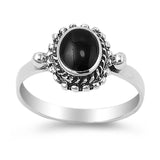 Sterling Silver Oval Black Stone Fancy Design Ring with Face Height of 11MMAnd Band Width: 2MM