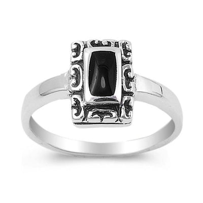 Sterling Silver Antique Style Emerald Cut Black Stone Ring with Face Height of 11MMAnd Band Width: 2MM