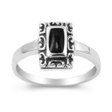 Sterling Silver Antique Style Emerald Cut Black Stone Ring with Face Height of 11MMAnd Band Width: 2MM