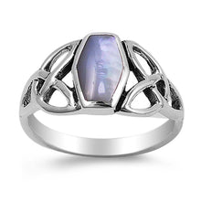 Load image into Gallery viewer, Sterling Silver Centered Mother of Pearl with Celtic Knot Design RingAnd Face Height of 11MMAnd Band Width: 3MM