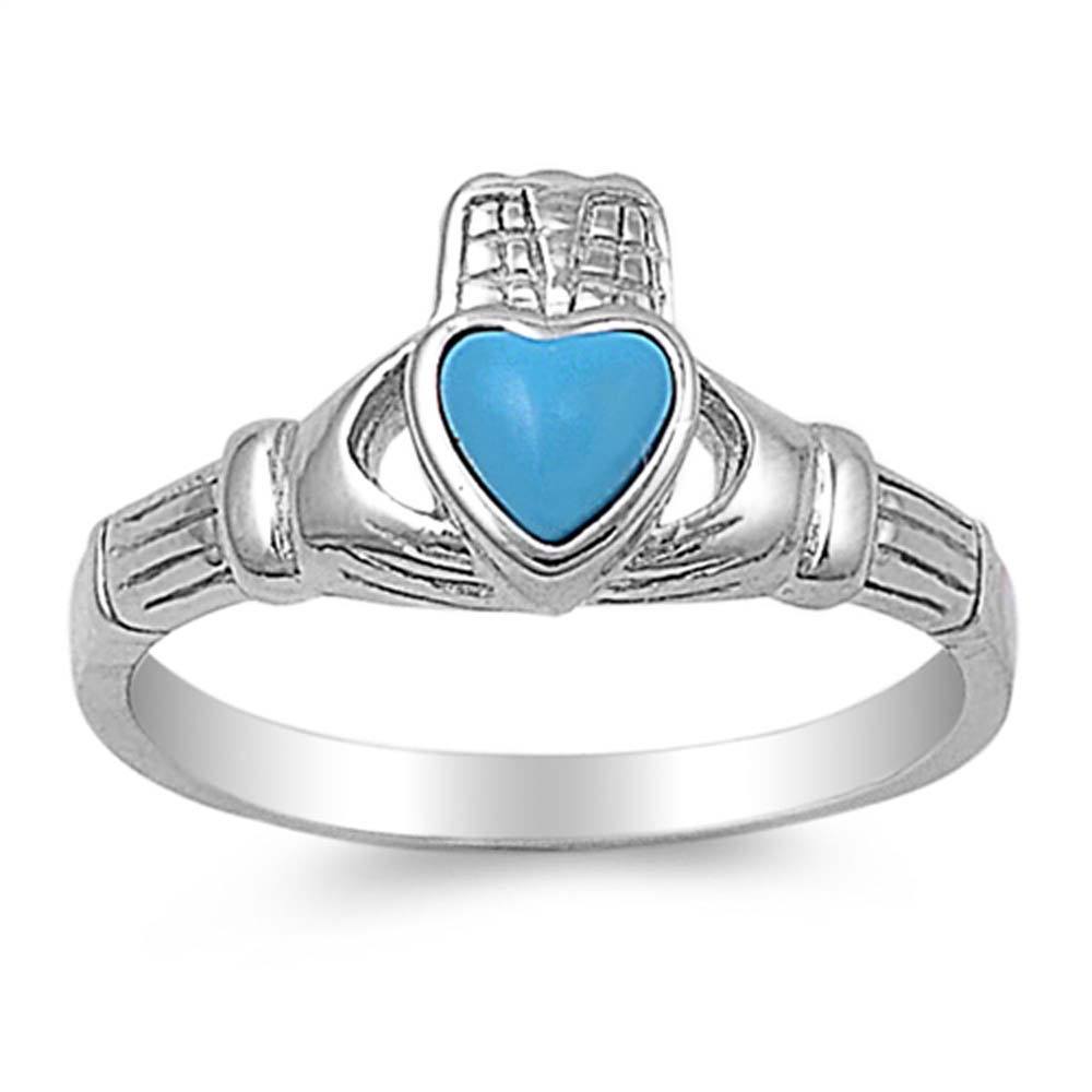 Sterling Silver With Turquoise Cubic Zirconia Claddagh Stone RingAnd Face Height 10mmAnd Band Width 2mm