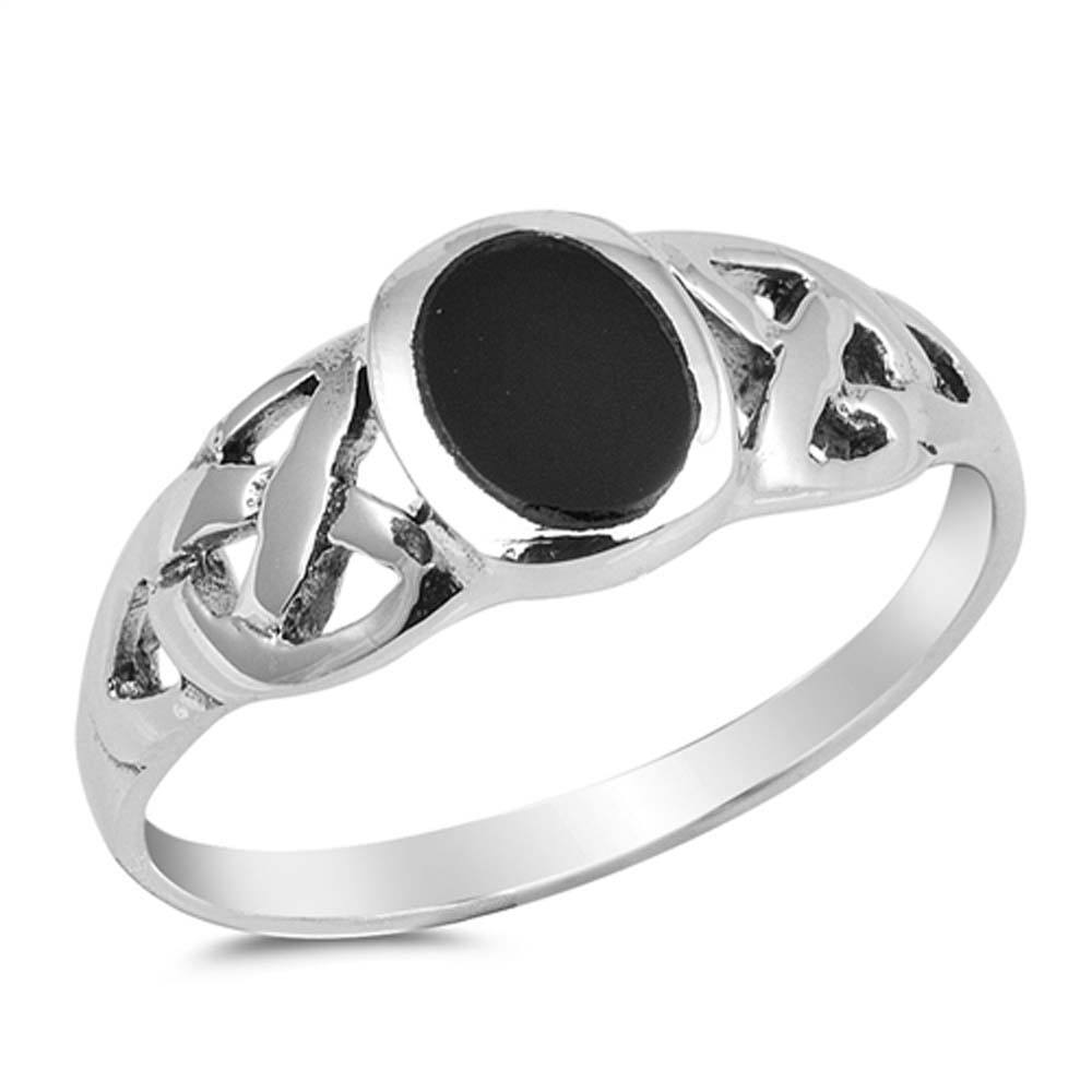 Sterling Silver Modish Oval Black Stone with Celtic Knot Design RingAnd Face Height of 8MMAnd Band Width: 2MM