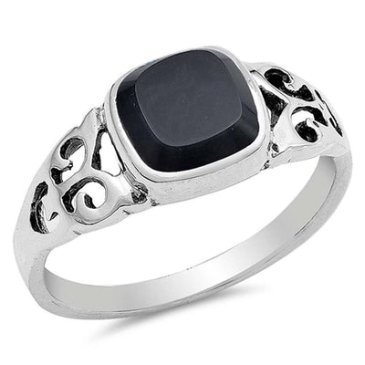 Sterling Silver With Black Onyx Cubic Zirconia Stone RingAnd Face Height 8mmAnd Band Width 2mm