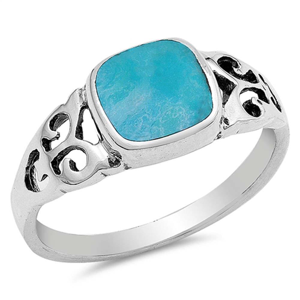 Sterling Silver With Stabilized Turquoise Cubic Zirconia Stone RingAnd Face Height 8mmAnd Band Width 2mm