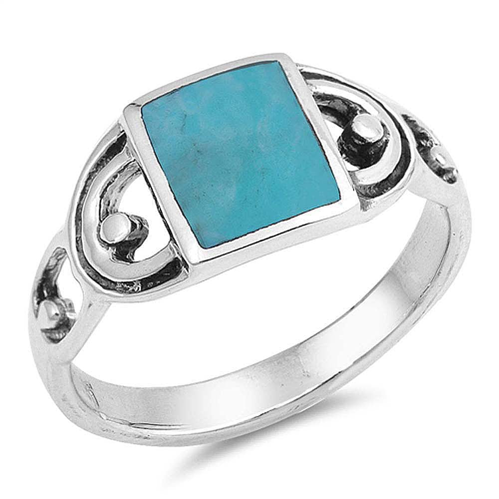 Sterling Silver Square Shaped Turquoise Stone Fancy Band Ring with Face Height of 9MMAnd Band Width: 2MM