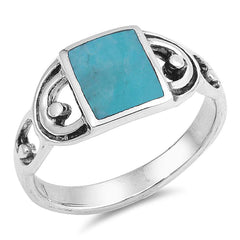 Sterling Silver Square Shaped Turquoise Stone Fancy Band Ring with Face Height of 9MMAnd Band Width: 2MM