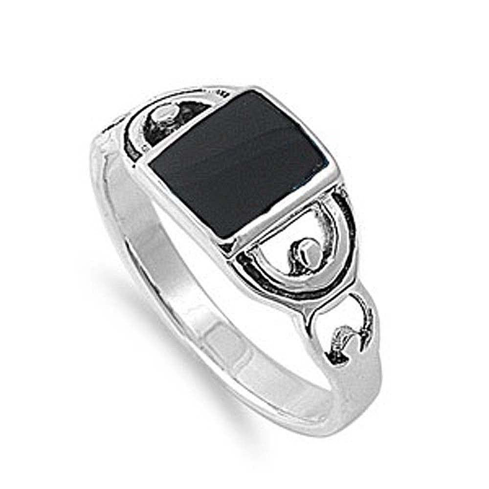 Sterling Silver Square Shaped Black Stone Fancy Band Ring with Face Height of 9MMAnd Band Width: 2MM