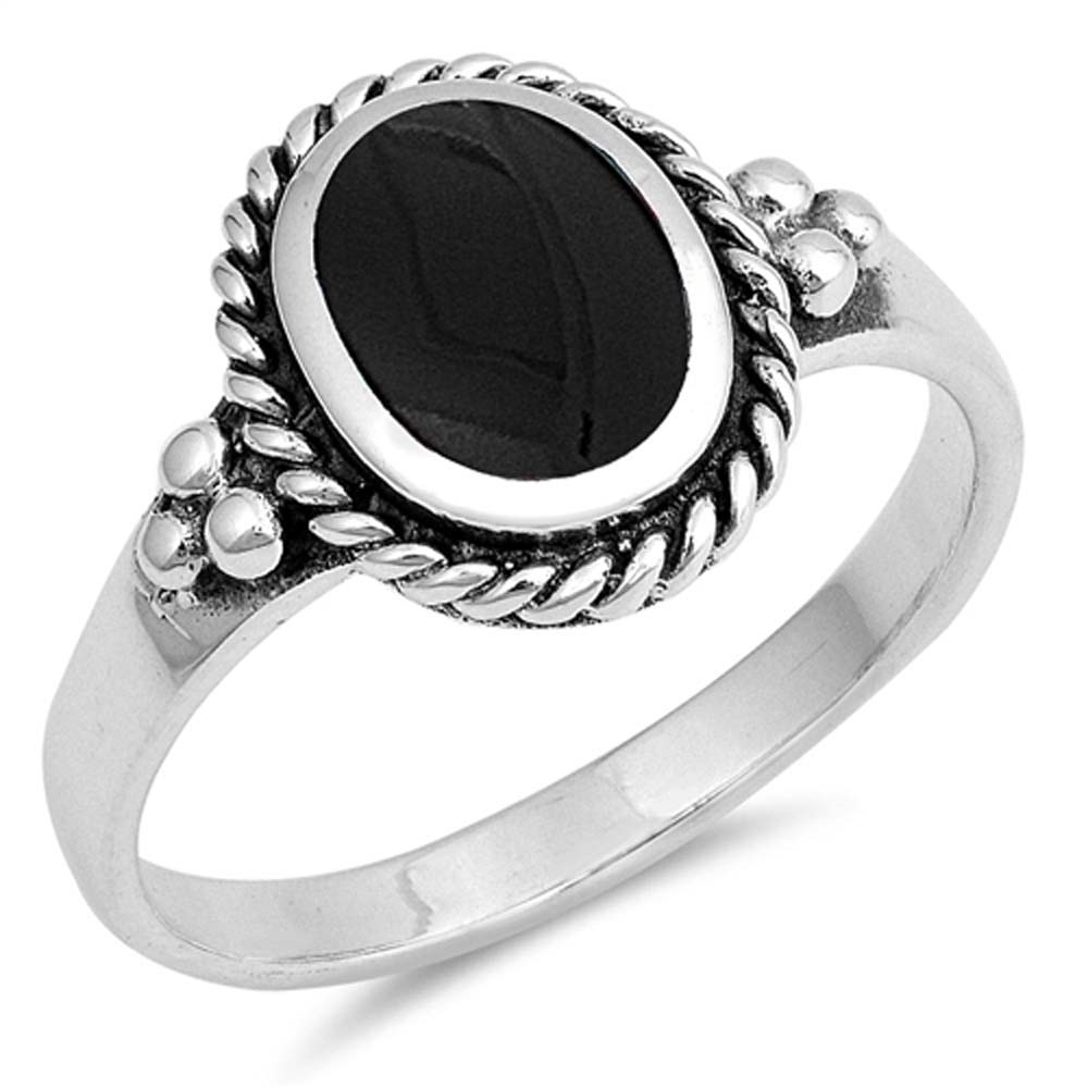 Sterling Silver With Black Agate Cubic Zirconia Stone Ring, Face Height 13mm, Band Width 2mm