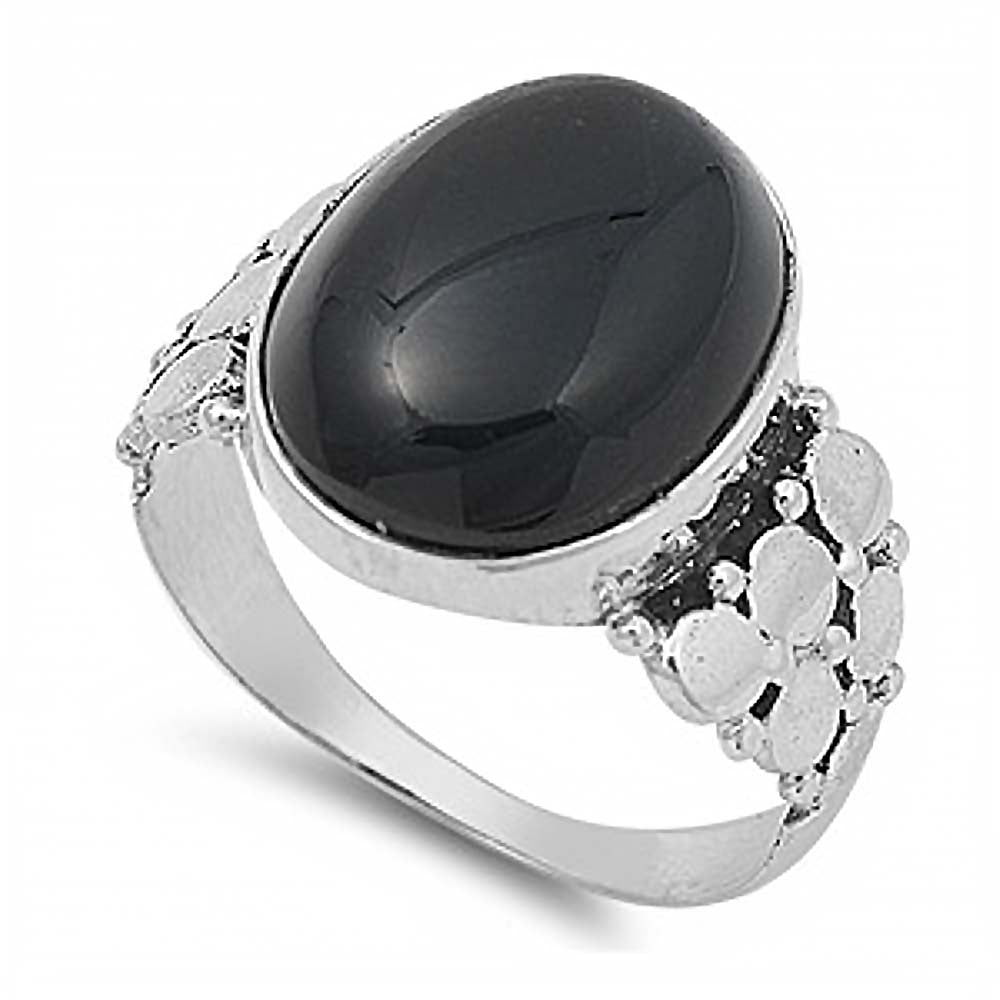 Sterling Silver Oval Black Stone with Flat Disc Design RingAnd Face Height of 16MM
