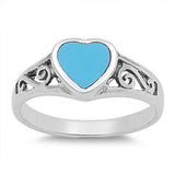 Sterling Silver Trendy Heart Turquoise Stone with Spiral Design Band RingAnd Face Height of 8MM