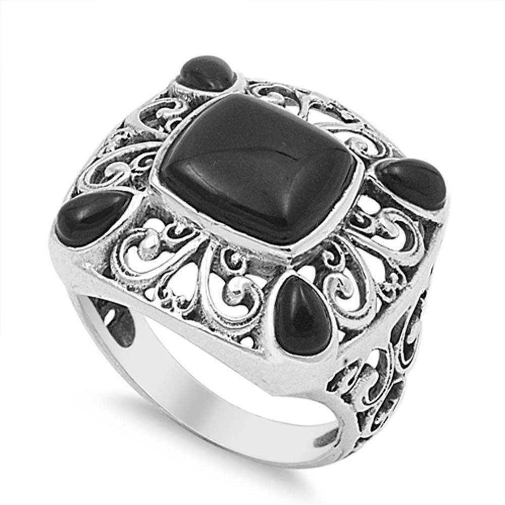 Sterling Silver Elegant Square Filigree Cut-Out Design with Centered Black Stone and Pearshape Black Onyx on Four Corners Fancy Band RingAnd Face Height of 21MM