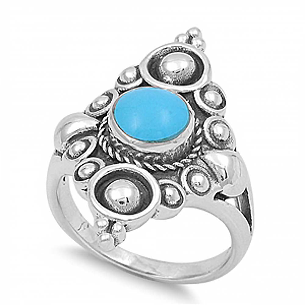 Sterling Silver Fancy Diamond Shaped with Centered Round Turquoise Stone RingAnd Face Height of 29MM
