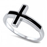 Sterling Silver Sideways Black Stone Cross Design Ring with Face Height of 12MM