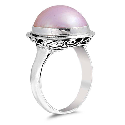 Sterling Silver With Genuine Pink Mabe Pearl Cubic Zirconia Bali Stone RingAnd Face Height 18mm
