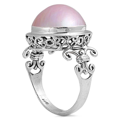 Sterling Silver With Genuine Gray Pink Mabe Pearl Cubic Zirconia Bali Stone RingAnd Face Height 17mm
