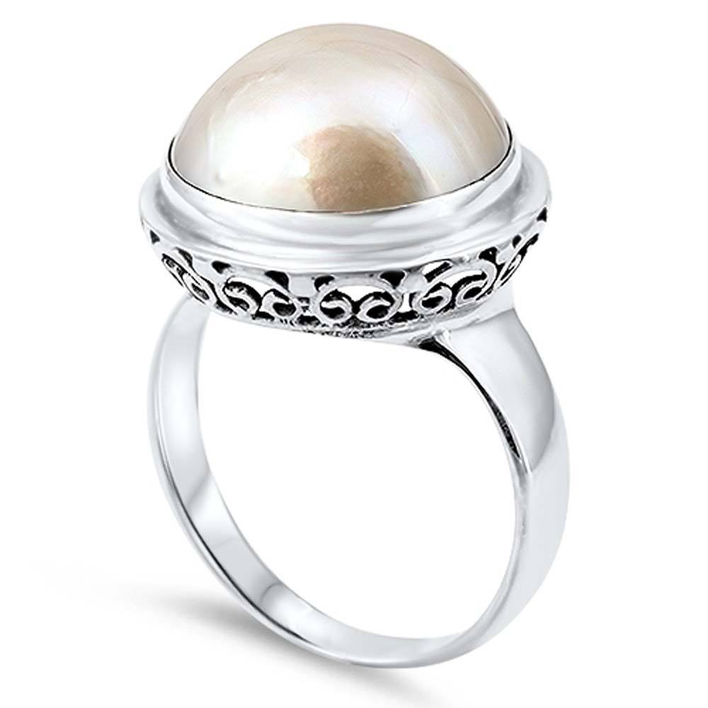 Sterling Silver With Genuine Mabe Pearl Cubic Zirconia Stone RingAnd Face Height 18mm