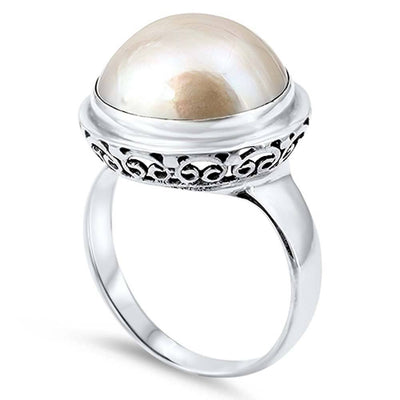 Sterling Silver With Genuine Mabe Pearl Cubic Zirconia Stone RingAnd Face Height 18mm
