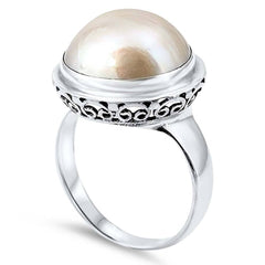 Sterling Silver With Genuine Mabe Pearl Cubic Zirconia Stone RingAnd Face Height 18mm