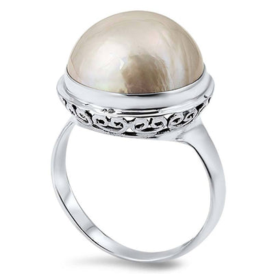 Sterling Silver With Genuine Mabe Pearl Cubic Zirconia Stone RingAnd Face Height 18mm