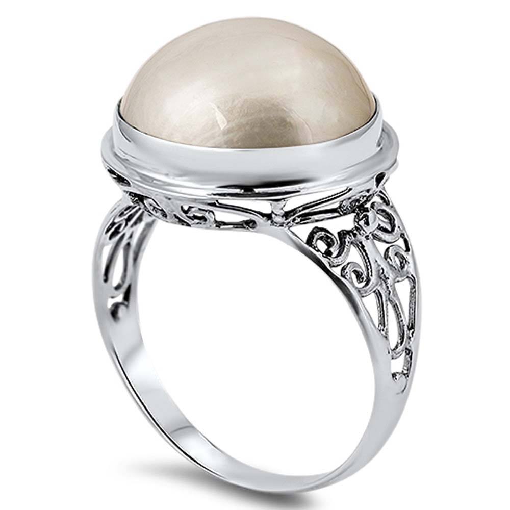 Sterling Silver With Genuine Mabe Pearl Cubic Zirconia Stone RingAnd Face Height 17mm