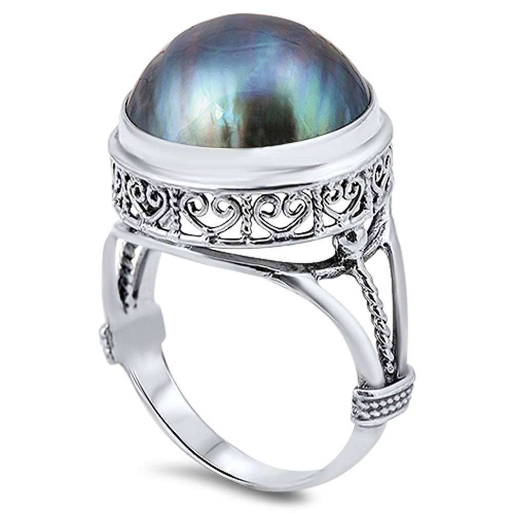 Sterling Silver With Genuine Mabe Pearl Cubic Zirconia Stone RingAnd Face Height 18mm
