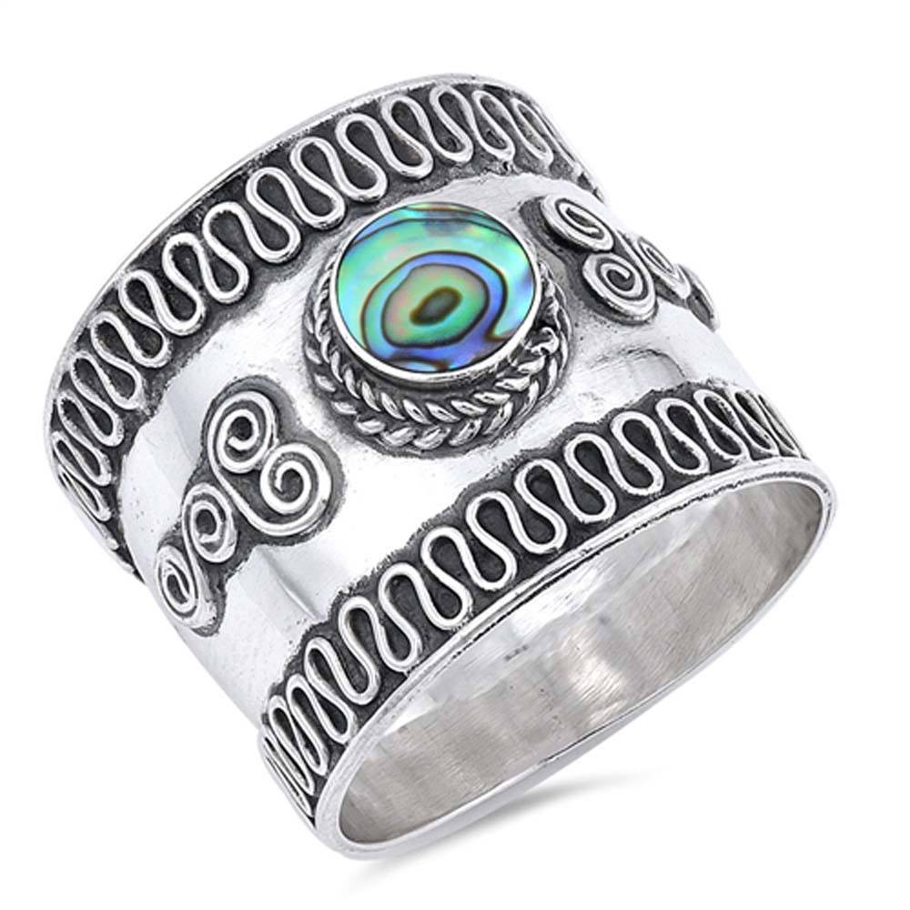 Sterling Silver Abalone Bali Design Ring And Face Height 20mm